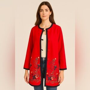 🧵 HANDMADE (by me!) Wool Blend Red Embroidered Coat size Medium